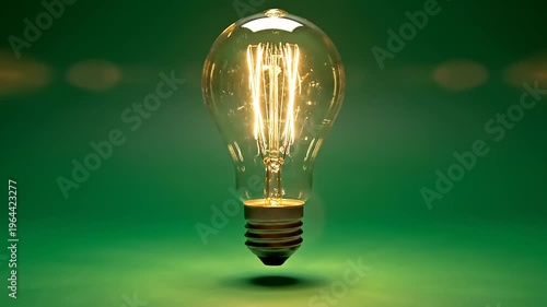 Glowing Light Bulb on Green Background.