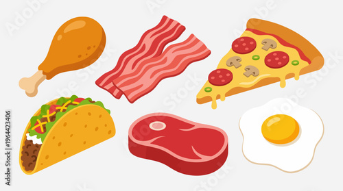 A collection of popular food items including chicken, bacon, pizza, taco, steak, and a fried egg, depicted in a cartoon style.