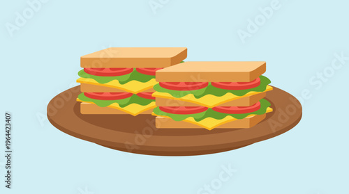 Two delicious stacked sandwiches with lettuce, cheese, and tomato on a brown plate, presented on a light blue background.