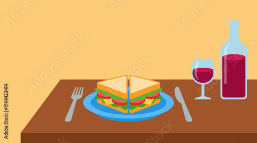 A delicious sandwich served on a blue plate with a fork and knife, accompanied by a bottle and glass of red wine on a wooden table.