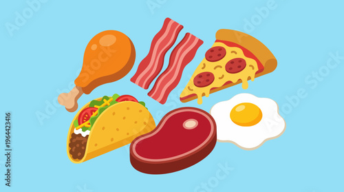 An assortment of popular food items including chicken, bacon, pizza, taco, steak, and a fried egg on a light blue background.
