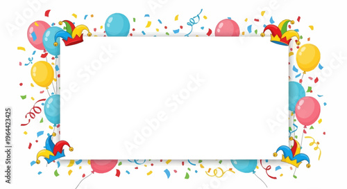 Colorful April Fools Day social media template with balloons, confetti, and a large copy space for a fun celebration banner