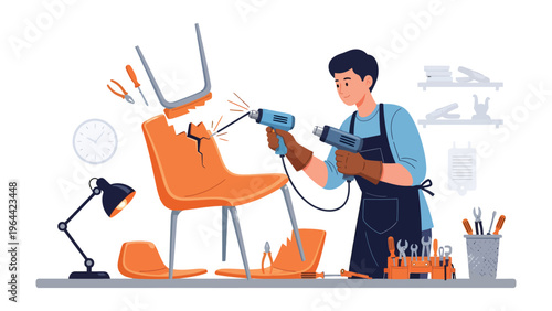 Restoration Artisan: An artisan meticulously repairs a damaged chair in a well-lit workshop, demonstrating the craftsmanship and dedication to furniture repair. 
