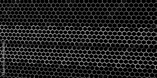 Black seamless hexagon texture. Repeated honeycomb pattern background. Geometric hexagonal halftone tech overlay backdrop. Abstract repeating hex halftone. Vector retro technology dot texure wallpaper