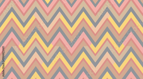 Seamless geometric chevron pattern with alternating stripes in pastel pink, yellow, grey, and beige colors, creating a rhythmic zigzag design.