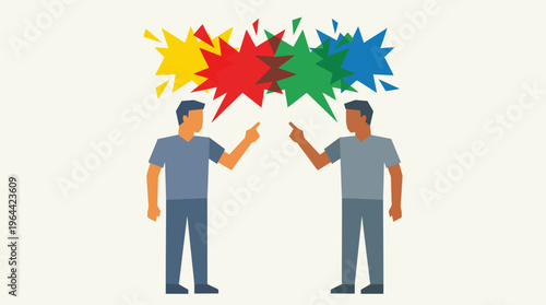 Two men in a heated discussion or argument, with colorful overlapping speech bubbles representing different ideas or conflicting opinions.