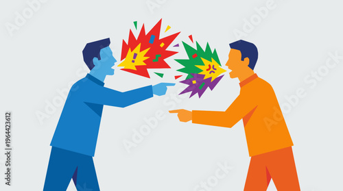 Two stylized figures in blue and orange pointing and shouting at each other, with colorful explosion speech bubbles symbolizing conflict and disagreement.