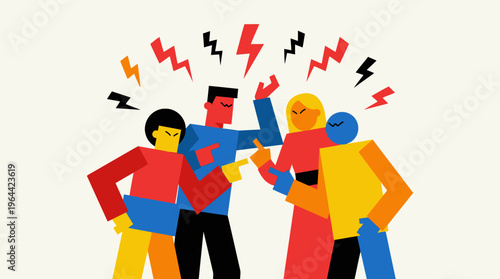 Four stylized people arguing intensely with lightning bolts symbolizing conflict and anger.