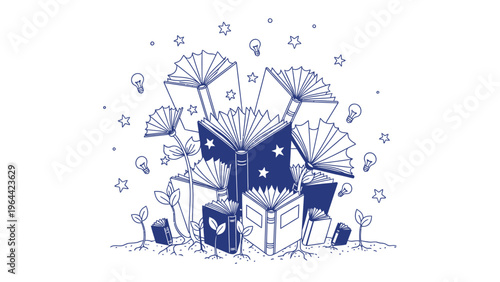Knowledge Blossoms: A whimsical illustration showcases the growth of knowledge, with books sprouting roots, leaves, and emanating light bulbs and stars, representing ideas taking flight.
