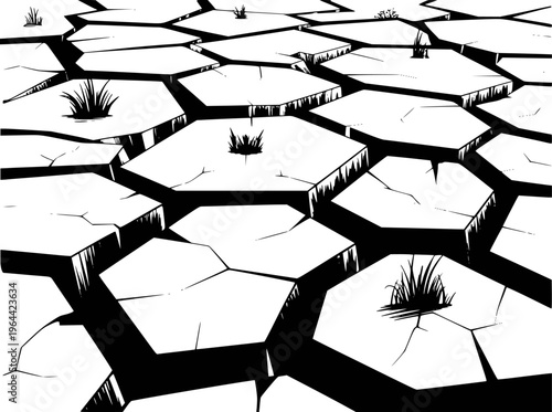 Cracked dry earth surface with sparse green grass growing through fissures ground