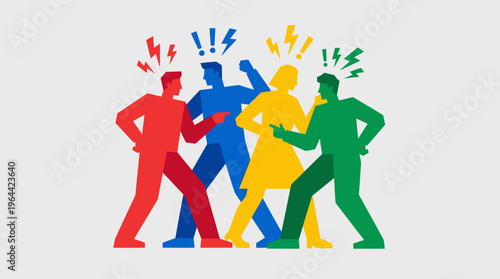 Four stylized figures in red, blue, yellow, and green engaged in a heated argument or conflict, with lightning bolts and exclamation marks symbolizing tension and disagreement.