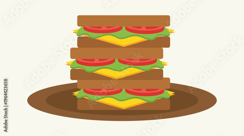 Three delicious stacked sandwiches with cheese, lettuce, and tomato on a brown plate, ready to eat.
