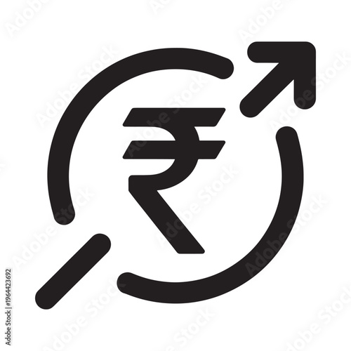 Black and white icon depicting the indian rupee symbol within a circular arrow