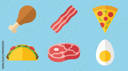 A collection of six popular food items including chicken, bacon, pizza, taco, steak, and egg in a flat design style.
