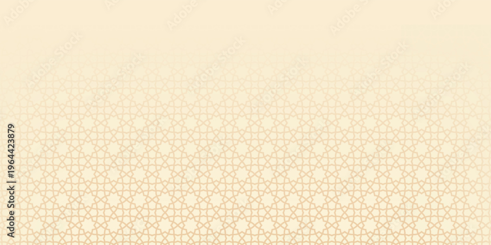 Fototapeta premium Horizontal Ramadan Kareem web banner featuring soft mosque silhouettes, hanging lanterns, and Islamic geometric patterns in beige tones for festive marketing and religious greetings.