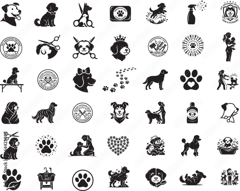 Fototapeta premium Pet Groomer Silhouette Bundle, Dog Grooming Vector Set and Pet grooming care tools animals vector line icons set. 