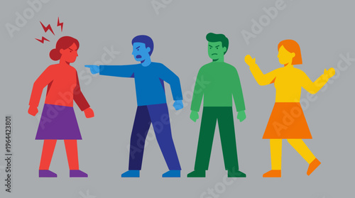 Four stylized people depicting a conflict scenario, with one man angrily pointing at an upset woman, while another man looks on angrily and a second woman expresses distress.