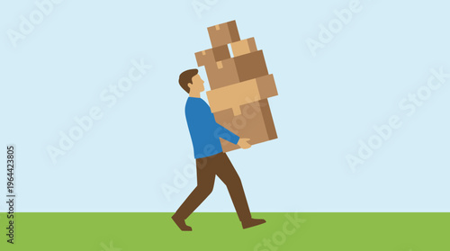 A man in a blue shirt and brown pants struggles to carry a tall, unstable stack of cardboard boxes, walking across a green lawn under a clear blue sky.