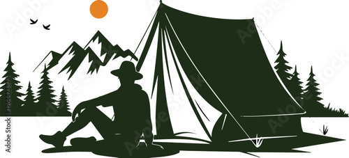 Camper by tent under moon and stars