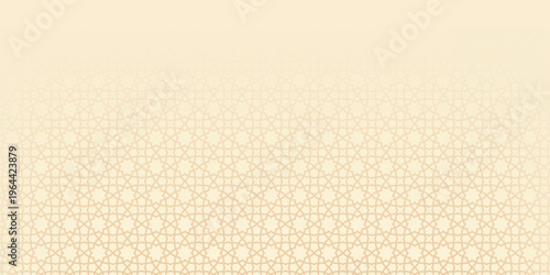 Horizontal Ramadan Kareem web banner featuring soft mosque silhouettes, hanging lanterns, and Islamic geometric patterns in beige tones for festive marketing and religious greetings.