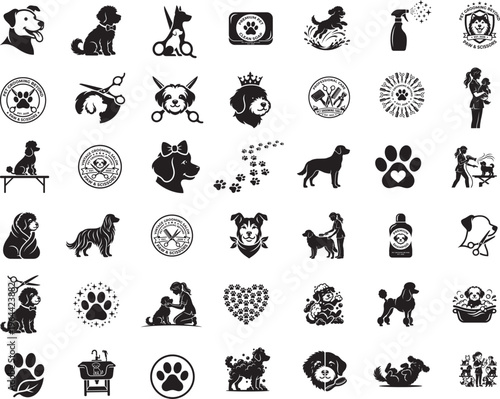 
Pet Groomer Silhouette Bundle, Dog  Grooming Vector Set and Pet grooming care tools animals vector line icons set.

