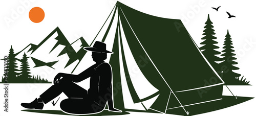 Camper sitting by tent with mountain skyline