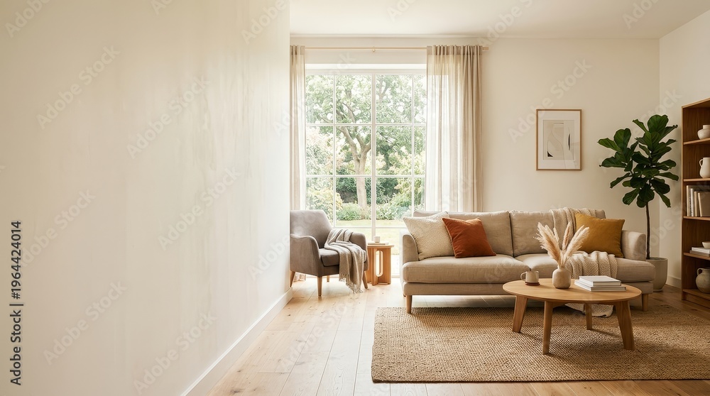 Fototapeta premium Neutral toned living room with warm lighting and comfortable furnishings