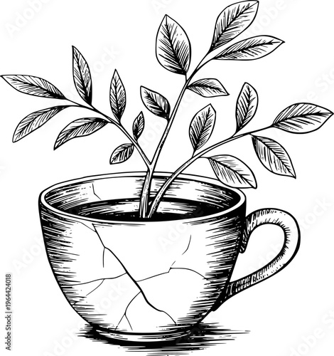 Hand drawn of a cracked teacup holding a growing plant with detailed leaves growth