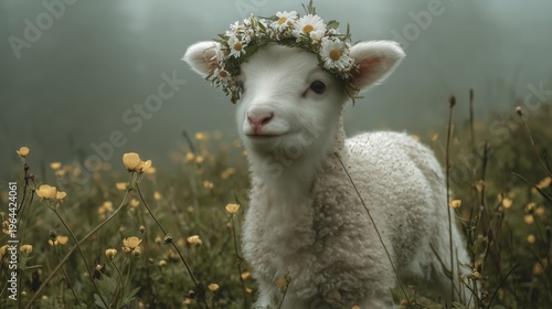 Lamb stands in a field of flowers wearing a floral crown during a misty morning in early spring