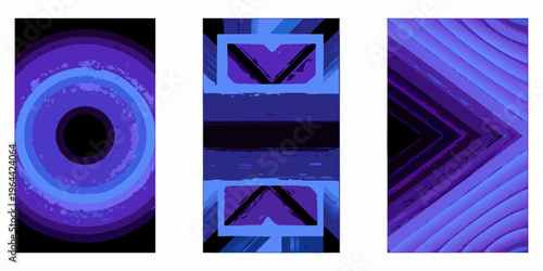 Abstract vertical triptych featuring concentric shapes and vibrant purple hues