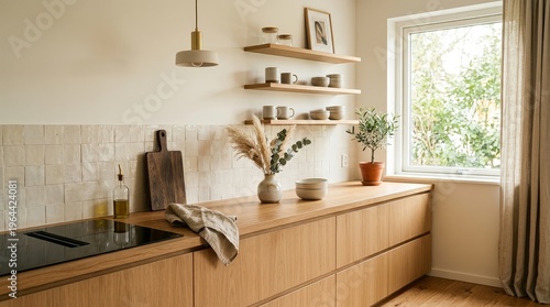 Modern minimal kitchen with warm wood tones and clean design