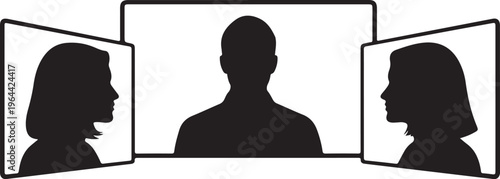 Video conference, online meeting, remote communication, silhouette icons, black and white