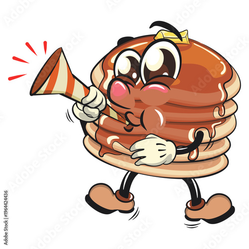 funny pancake stack cartoon mascot with syrup and butter breakfast food vector blow the party horn trumpet, work of hand drawn