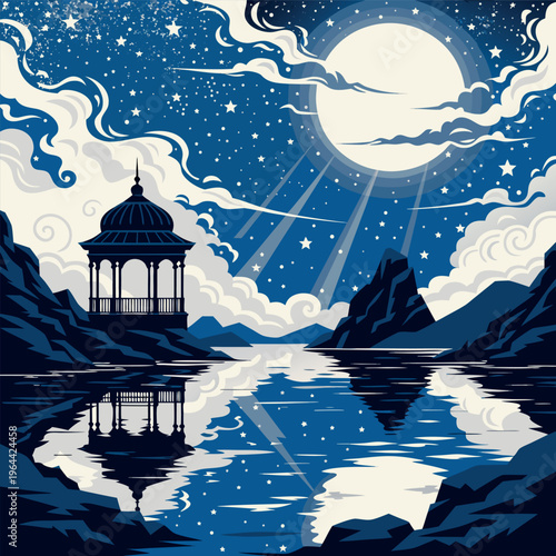 A serene night landscape with a lakeside gazebo, glowing moon, mountains, pine trees, and calm water reflections in a soft, dreamy illustration style.