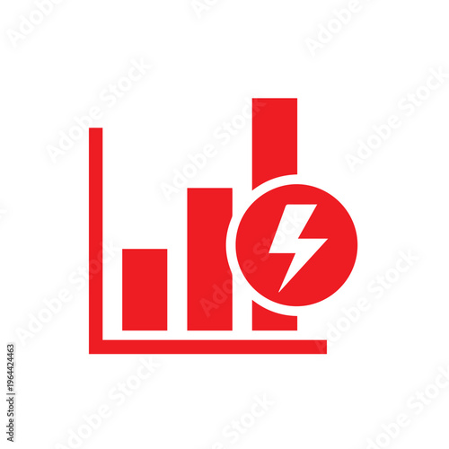 Red vertical bar chart graphic displays increasing data levels with an overlay of a white lightning bolt symbol indicating power.