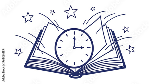 Knowledge Awakens: An open book, central to an image of a clock, sparkles and shines with stars, symbolizes enlightenment and the value of time in learning.