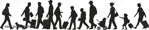 Group of tourists walking with suitcases and backpacks