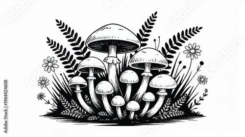 A black and white ink illustration of a cluster of mushrooms growing among ferns and wildflowers (1)_traced