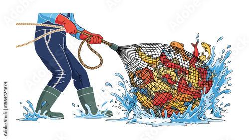 Fishing Net and the Overflow: A graphic depiction of a person pulling a net overflowing with fish, highlighting issues of overfishing and its impact.