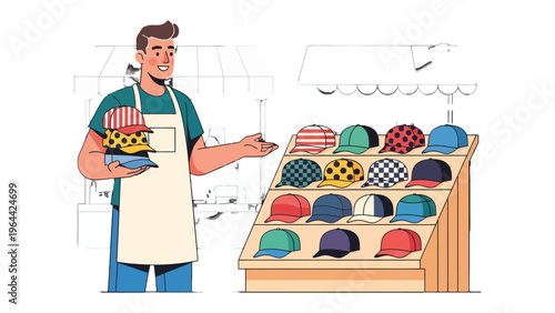 Hat Vendor's Array: A cheerful vendor displays a collection of stylish hats, showcasing a vibrant assortment of caps perfect for every taste. A colorful spread for buyers and clients.