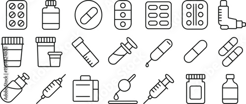 Pharmaceutical dosage forms icon in editable stroke outline, clean flat vector for medicine capsules tablets pills isolated on white background, pixel perfect design.