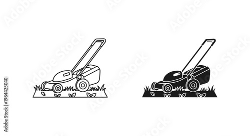 Lawn mower vector icons for gardening services, black and white lawnmower equipment line art, professional grass cutting machine graphics