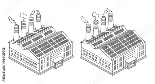 Isometric industrial factory building with solar panels, modern manufacturing plant with smoking chimneys, sustainable energy production facility vector