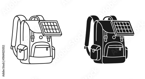 Solar powered backpack vector set, eco-friendly charging rucksack icons, sustainable energy travel bag illustrations for hiking and camping