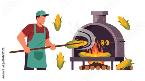 Culinary Arts of Barbecue: A culinary artist tends to a barbecue, delicately rotating the corn over an open flame with precision and care, creating a delightful dining experience
