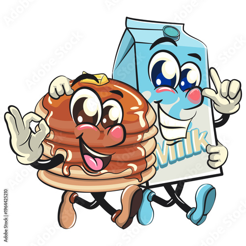 funny pancake stack cartoon mascot with syrup and butter breakfast food vector walking with the milk box character, work of hand drawn