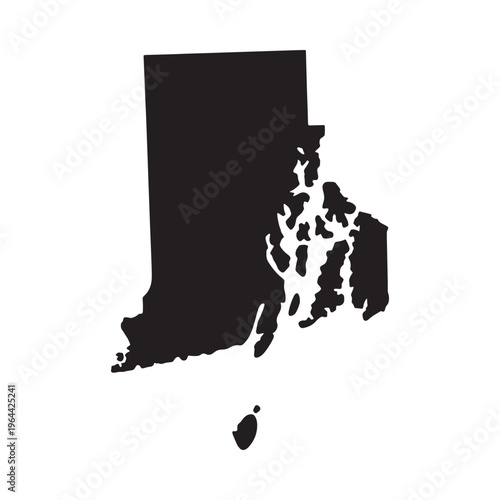 A stark black silhouette depicts the geographical shape of rhode island