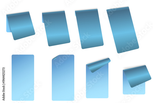 透明感のあるブルーグラデーションと紙の折れやめくれを表現した縦長カードデザイン素材セット、洗練されたUI向け背景