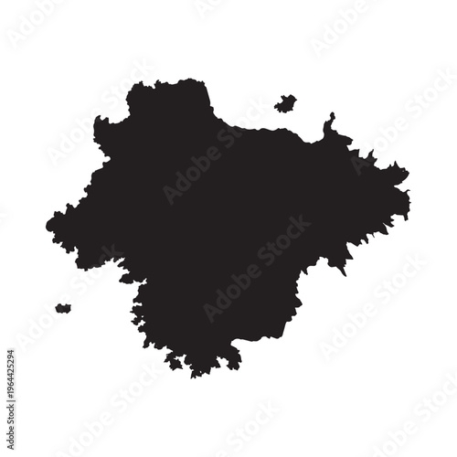 Abstract black ink blot resembling a landmass on a white background