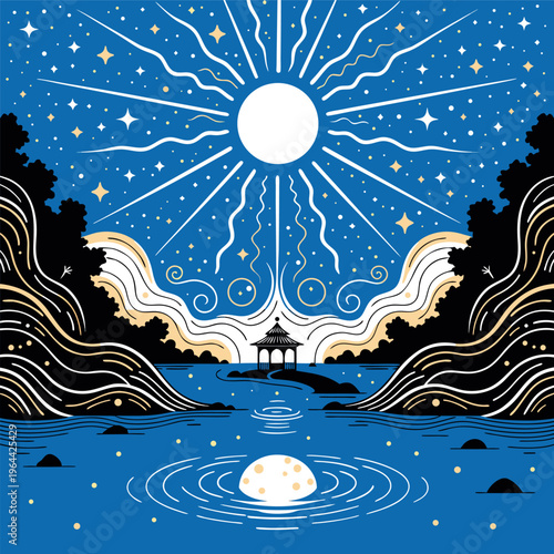 A serene night landscape with a lakeside gazebo, glowing moon, mountains, pine trees, and calm water reflections in a soft, dreamy illustration style.